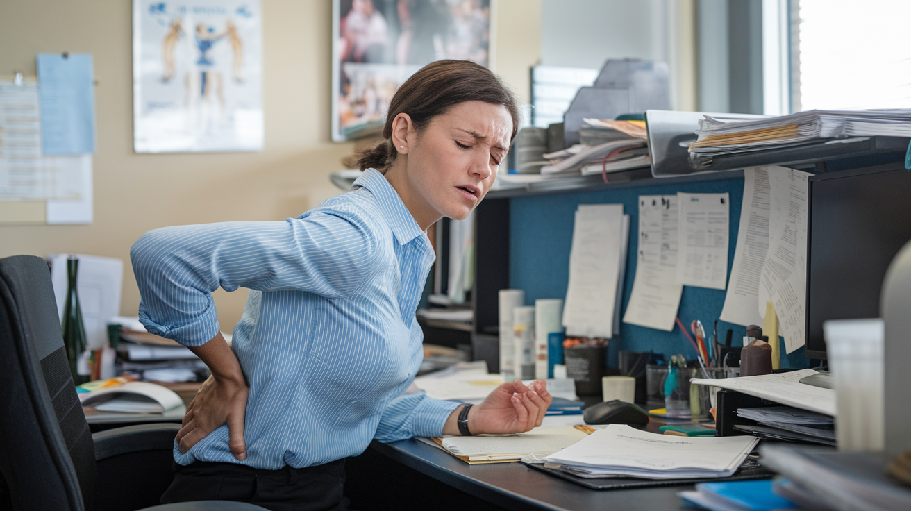 Photo of a woman in a blue shirt holding the base of her spine, sat at a desk in an office surrounded by paperwork and files. Woman is holding the base of her spine and looks to be experiencing some pain or discomfort.