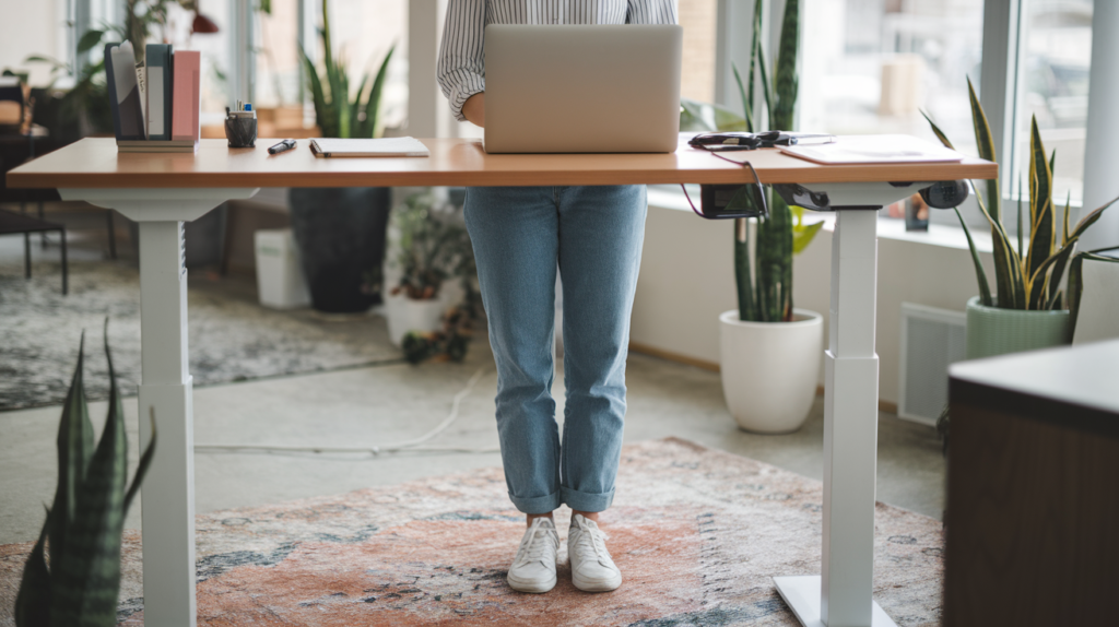 A woman working in an office on her laptop, using an ergonomic sit-stand desk to help with changing her posture throughout the day whilst working.